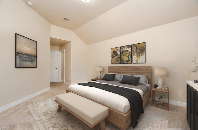 carpeted bedroom featuring lofted ceiling