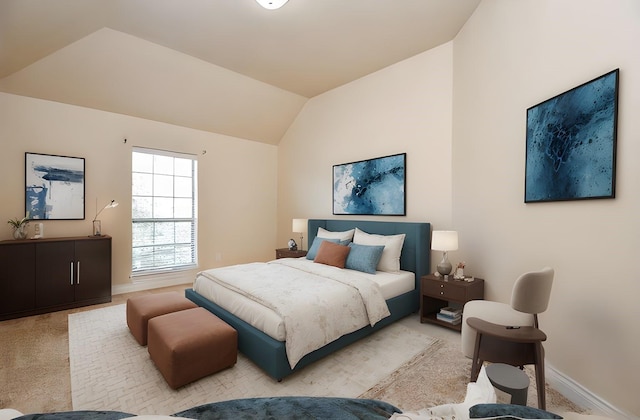 carpeted bedroom with vaulted ceiling