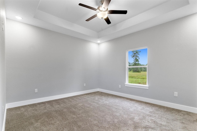 spare room with a raised ceiling, carpet floors, and ceiling fan