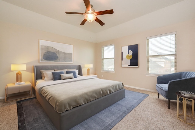 bedroom with ceiling fan and carpet