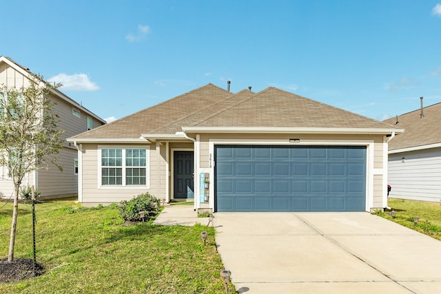 single story home with a garage and a front yard