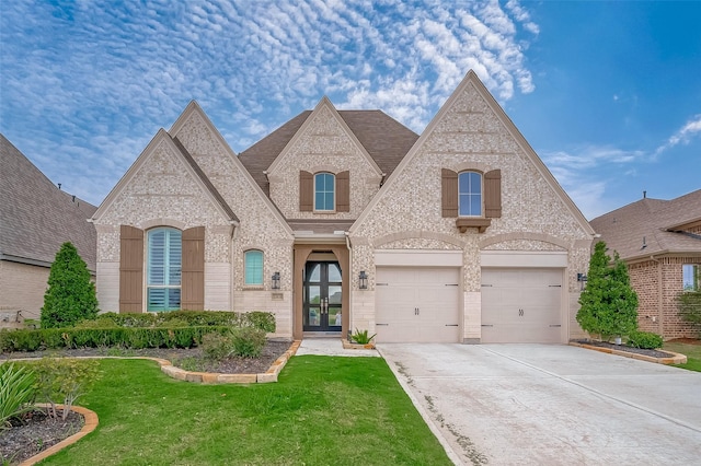 view of front of house with french doors, a garage, and a front lawn