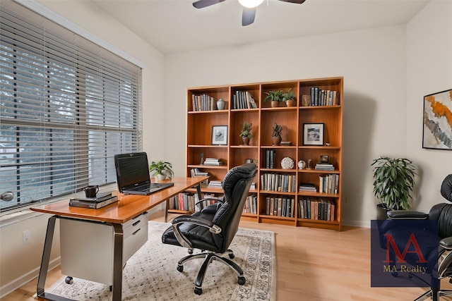 home office featuring ceiling fan and light wood-type flooring