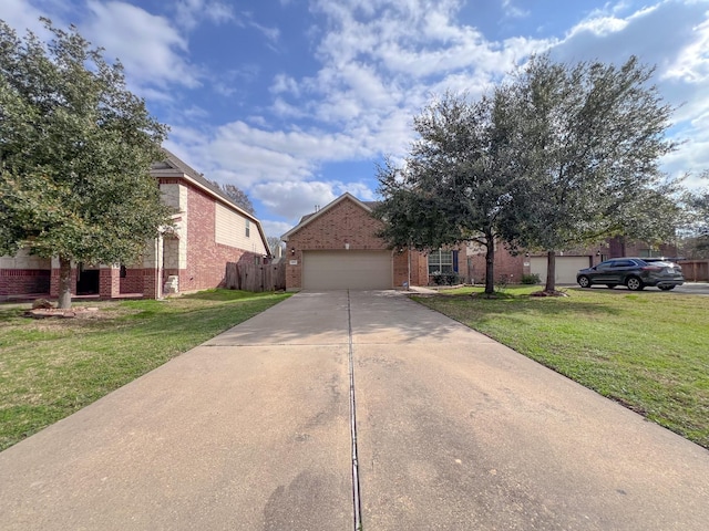 view of front facade with a garage, driveway, brick siding, and a front yard