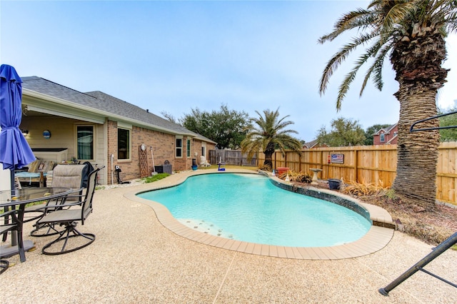 view of pool featuring central AC, a patio area, a fenced backyard, and a fenced in pool