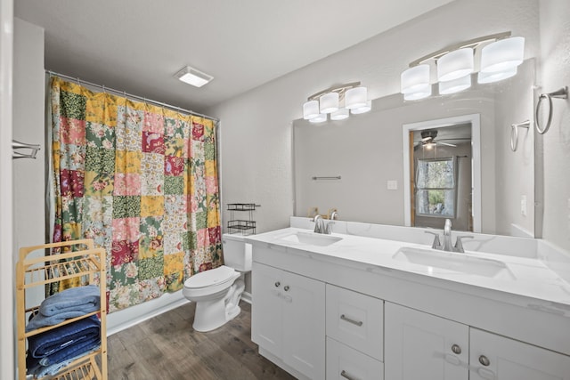 bathroom with vanity, curtained shower, wood-type flooring, and toilet