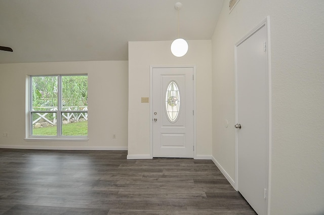 foyer featuring dark hardwood / wood-style flooring and vaulted ceiling