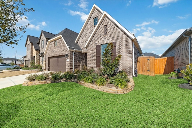 view of front of property with a garage and a front lawn