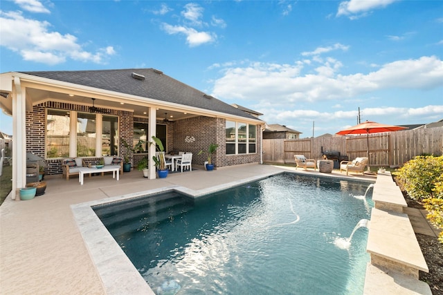 view of pool with a fenced in pool, ceiling fan, fence, an outdoor hangout area, and a patio area