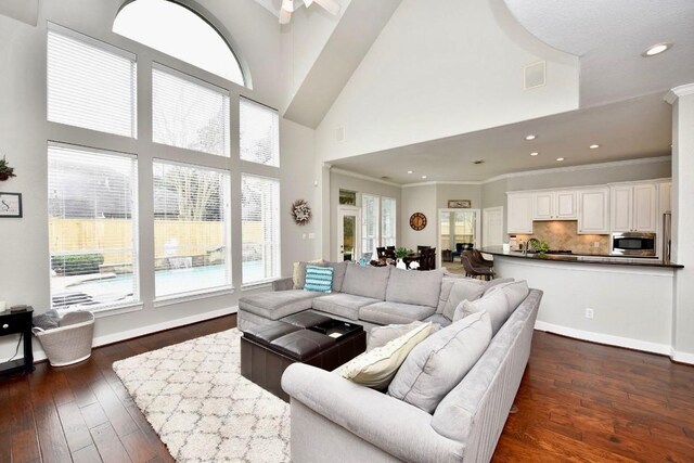 living area featuring ornamental molding, visible vents, a towering ceiling, and dark wood-style floors