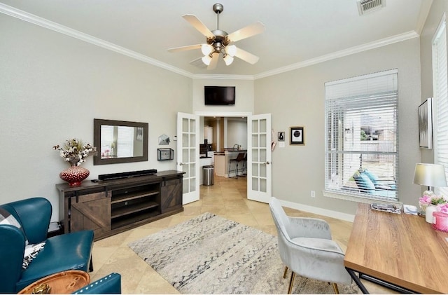 office space with baseboards, visible vents, tile patterned flooring, crown molding, and french doors