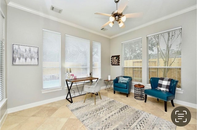 tiled home office featuring baseboards, visible vents, ceiling fan, and ornamental molding