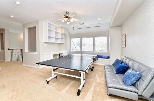 game room featuring a ceiling fan, recessed lighting, light carpet, and baseboards