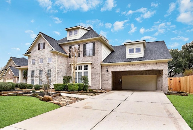 view of front of house featuring an attached garage, brick siding, fence, concrete driveway, and a front yard