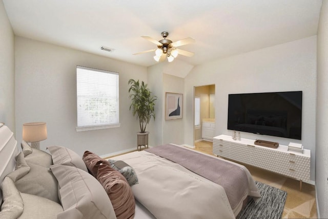 bedroom featuring ceiling fan, carpet, and visible vents