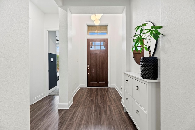 foyer with dark wood finished floors, baseboards, and a textured wall