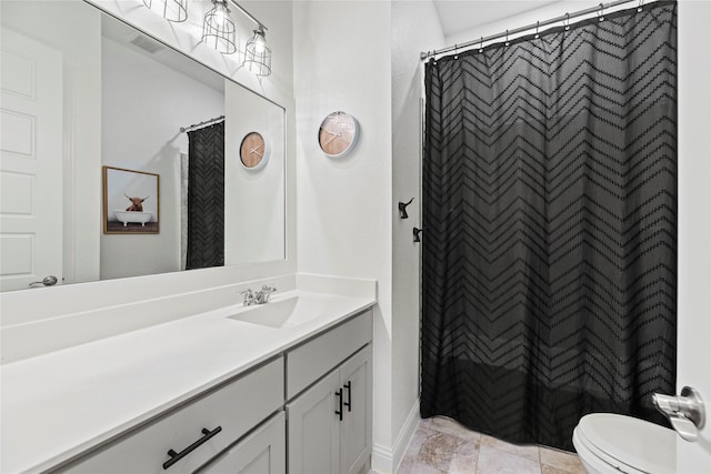 full bath with a shower with curtain, toilet, visible vents, and vanity