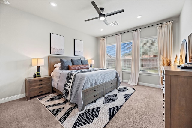 bedroom featuring carpet flooring, recessed lighting, baseboards, and visible vents