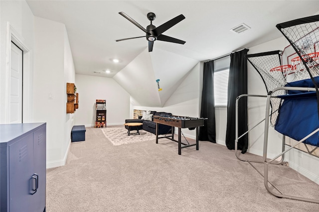 playroom featuring visible vents, carpet floors, baseboards, and a ceiling fan