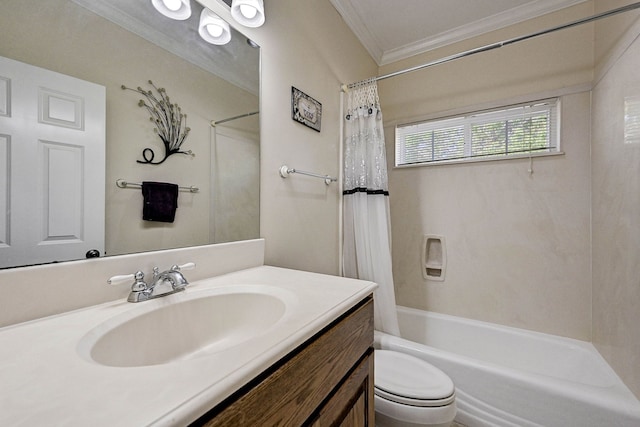 full bathroom with crown molding, toilet, shower / tub combo with curtain, and vanity