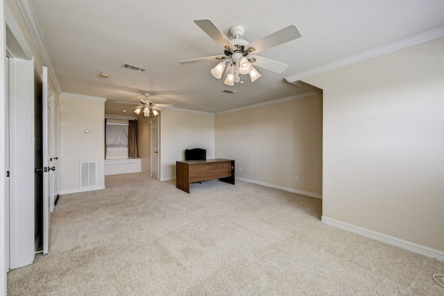 unfurnished living room with light colored carpet, ornamental molding, and ceiling fan