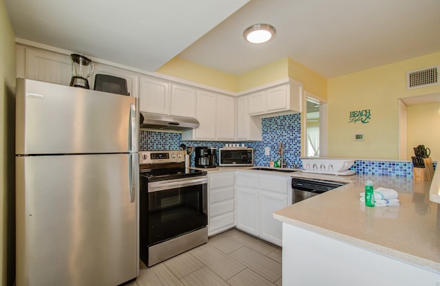 kitchen with sink, appliances with stainless steel finishes, white cabinets, decorative backsplash, and kitchen peninsula