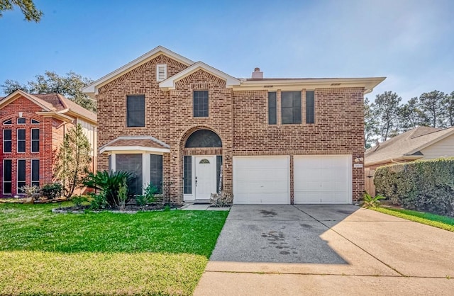 traditional-style home featuring a front yard, brick siding, driveway, and a chimney