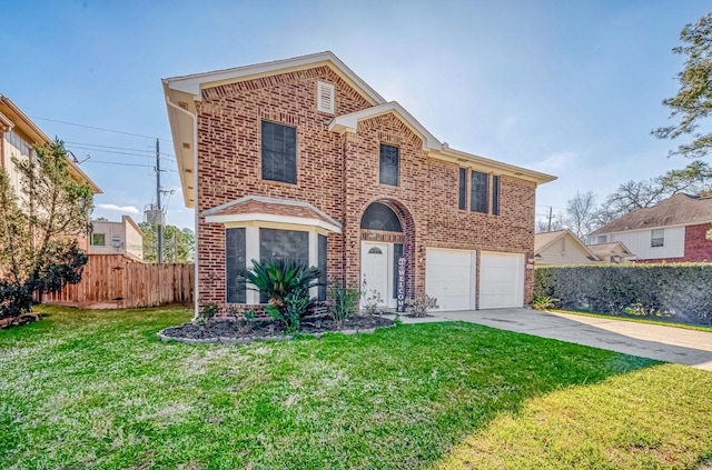 traditional home featuring a front yard, concrete driveway, brick siding, and fence