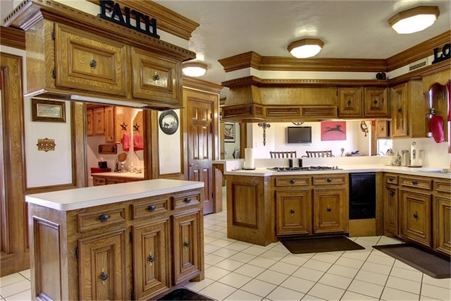 kitchen with ornamental molding, kitchen peninsula, stainless steel gas cooktop, and light tile patterned floors