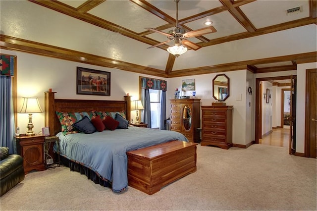 carpeted bedroom featuring ornamental molding and coffered ceiling