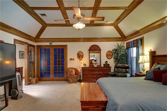 carpeted bedroom with coffered ceiling, ornamental molding, french doors, and lofted ceiling