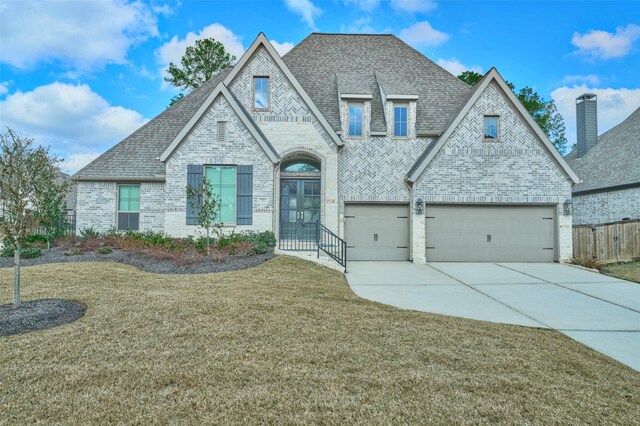 view of front of property featuring driveway, brick siding, roof with shingles, and a front lawn