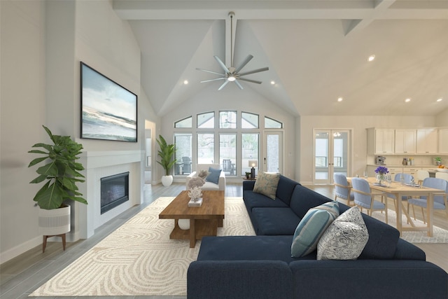 living room featuring light wood finished floors, a glass covered fireplace, french doors, high vaulted ceiling, and beam ceiling