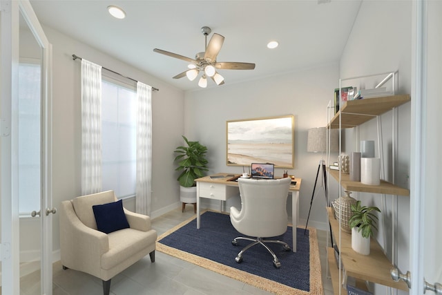 office space featuring a ceiling fan, recessed lighting, and baseboards