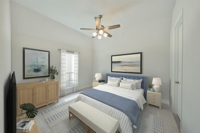 bedroom featuring lofted ceiling, baseboards, a ceiling fan, and light colored carpet