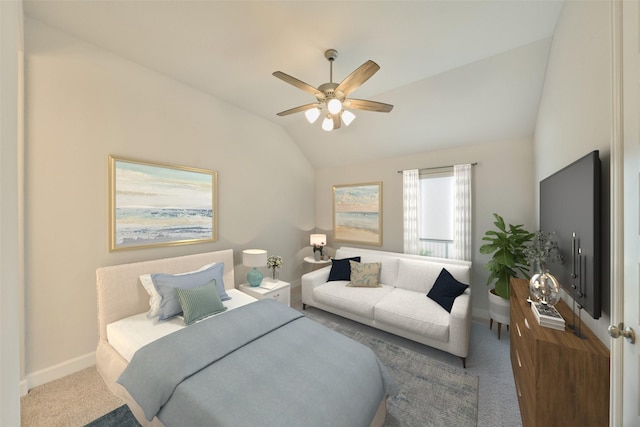 carpeted bedroom featuring vaulted ceiling, baseboards, and ceiling fan