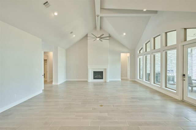 unfurnished living room featuring visible vents, a fireplace, beam ceiling, and light wood-style floors