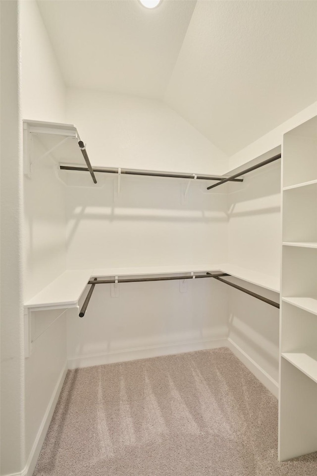 walk in closet with carpet floors and vaulted ceiling