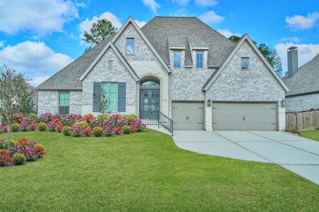 view of front of property featuring brick siding, roof with shingles, an attached garage, driveway, and a front lawn