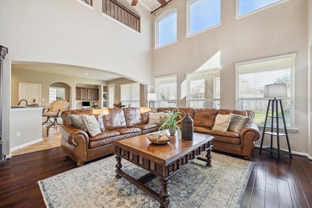 living room featuring ceiling fan, dark hardwood / wood-style floors, and a healthy amount of sunlight