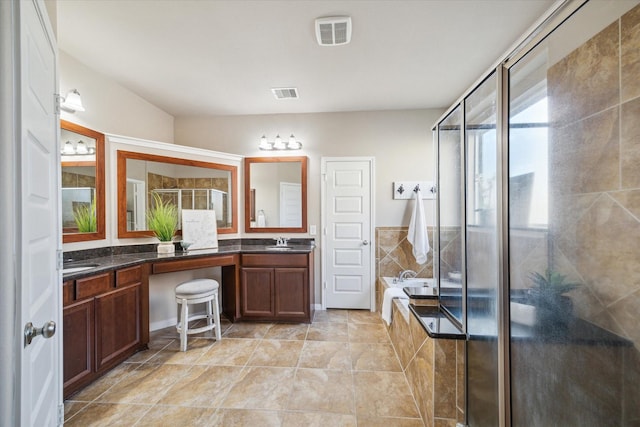 bathroom with vanity and plus walk in shower