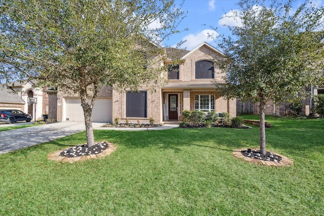 view of front of home with driveway, a front lawn, and brick siding