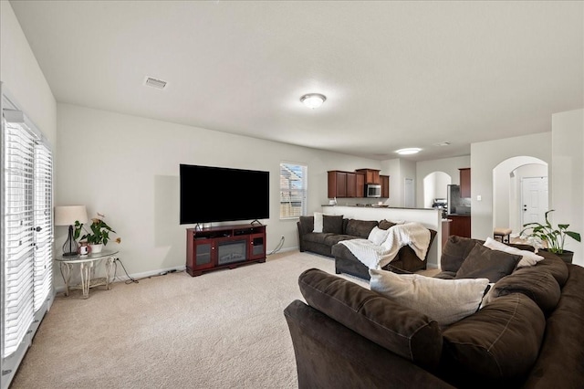 living room featuring light colored carpet