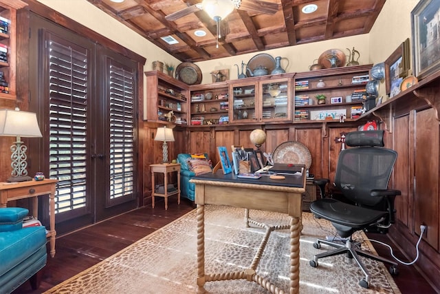 office area with coffered ceiling, ceiling fan, dark hardwood / wood-style flooring, and beamed ceiling