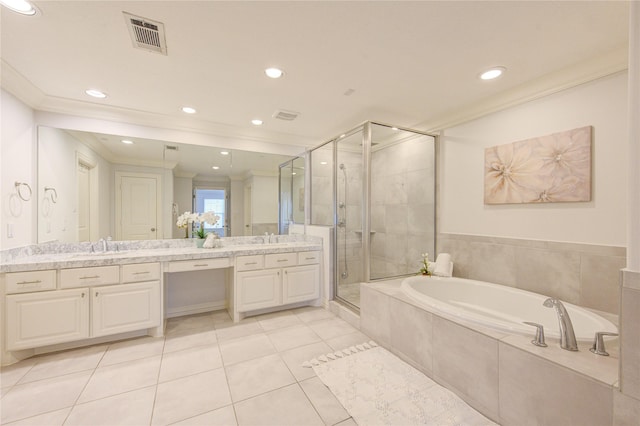 bathroom featuring crown molding, tile patterned floors, vanity, and independent shower and bath