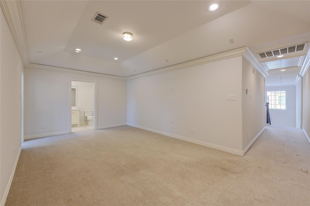 unfurnished room with a raised ceiling, crown molding, and light colored carpet