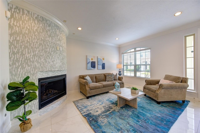 living room with crown molding and a fireplace