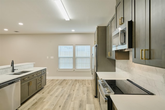 kitchen featuring sink, decorative backsplash, stainless steel appliances, and light hardwood / wood-style floors