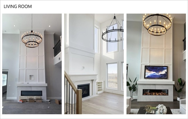 living room featuring a notable chandelier, ornamental molding, a high ceiling, and light wood-type flooring