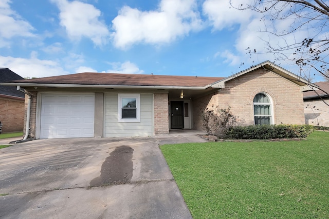 ranch-style house with a garage and a front yard